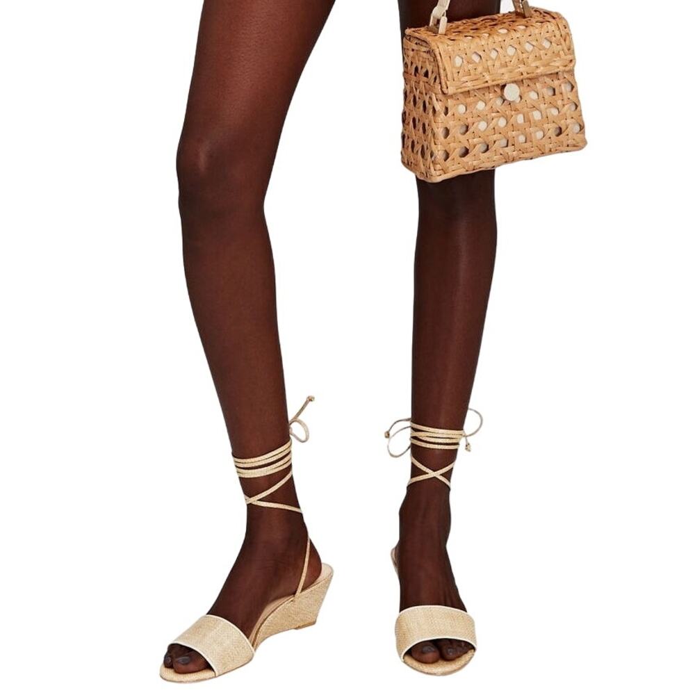 Cult Gaia Mirai Ankle Wrap Wedge Sandals Leather Straw Natural Beige Size 39.5